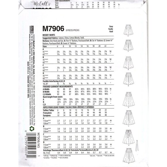 McCall's M7906 Misses 6 to 14 Easy Button Front Skirt Uncut Sewing Pattern - Picture 2 of 2